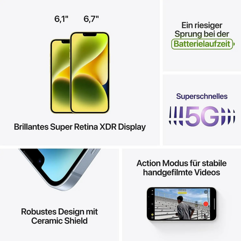 Apple-iPhone 14 A2884 ، iOS 17 ، A15 ، شبكية فائقة Bionic ، شاشة XDR OLED ، مقاومة للغبار والماء ، ثنائية الشريحة ، أصلية ، IP68 ، جديدة