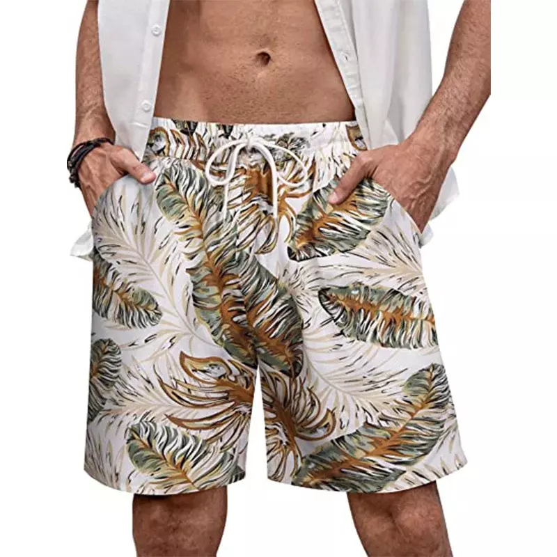 Calção de praia com bandagem elástica masculina, flor estampada em 3D, calça curta casual, shorts de férias, maiô, calção de banho