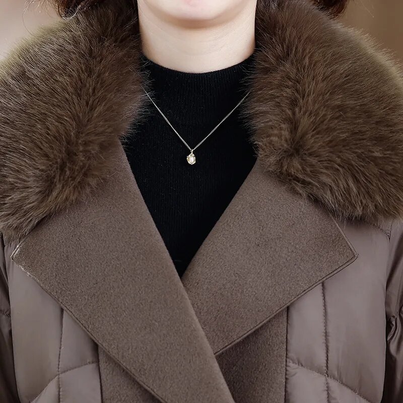 여성용 화이트 덕 다운 재킷, 패치워크 모직 코트, 중간 길이 아우터, 겨울 2023, 신상 패션