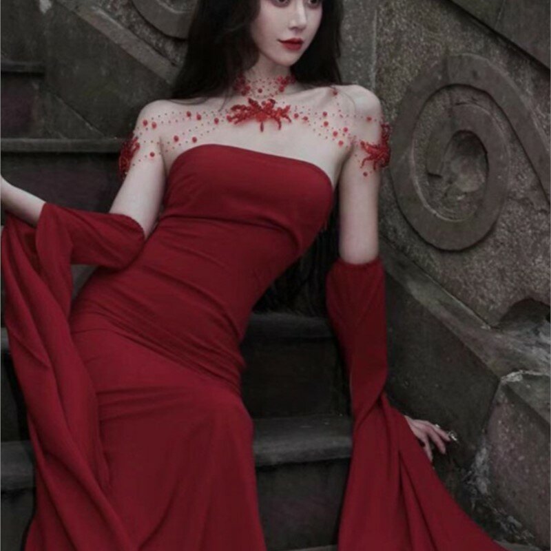 Vestido de fiesta de cena para mujer, Top de tubo rojo, ajustado, adelgazante, elegante, largo, principios de primavera