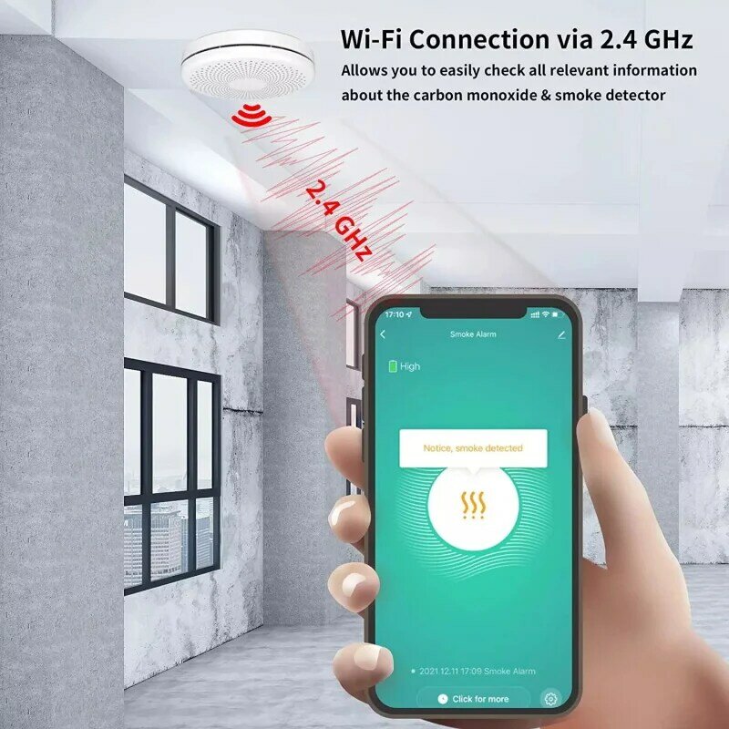 Tuya WIFI Smoke and Carbon Monoxide Combination Detector Fire Alarm Sensor 85dB Alarm Real Time App Notification with Self-test