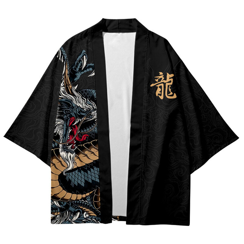 Conjunto de Kimono japonés para hombre y mujer, camisa con estampado de dragón, traje tradicional Yukata Haori Obi Coaplay, talla grande 6XL 7XL