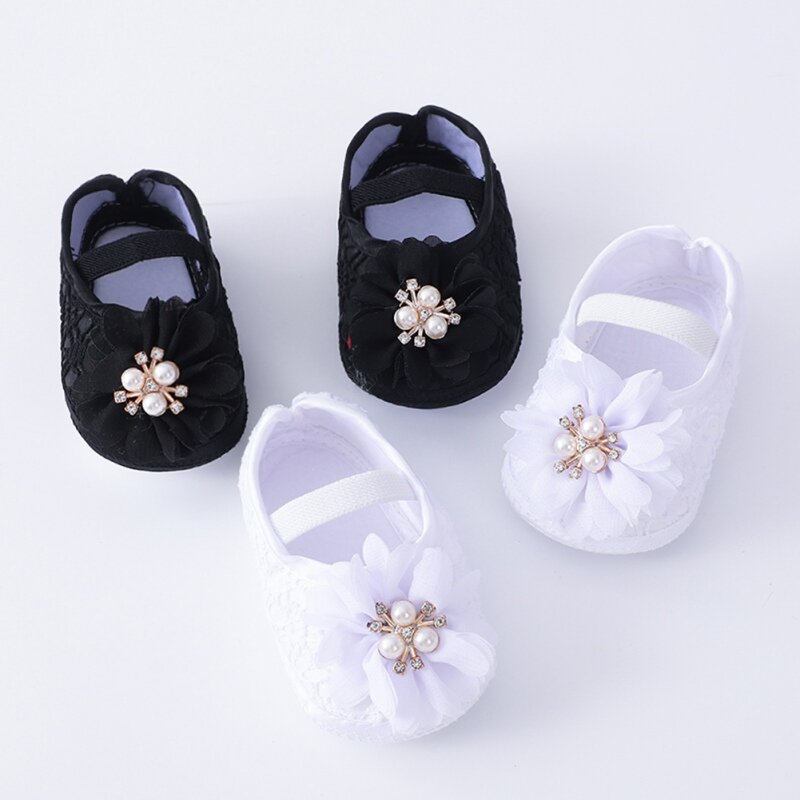 Sapatos de caminhada de bebê com pérolas imitadas, sapatos de princesa doces, sapatos de lona de verão para criança, elástico, primeiros caminhantes, 0-12 meses