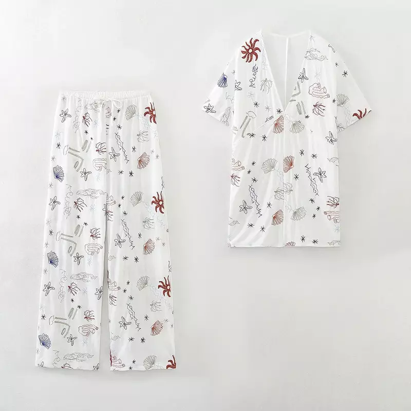 Camisa holgada con cuello en V para mujer, camisa retro de manga corta con decoración de bordado en contraste, top elegante, moda de verano