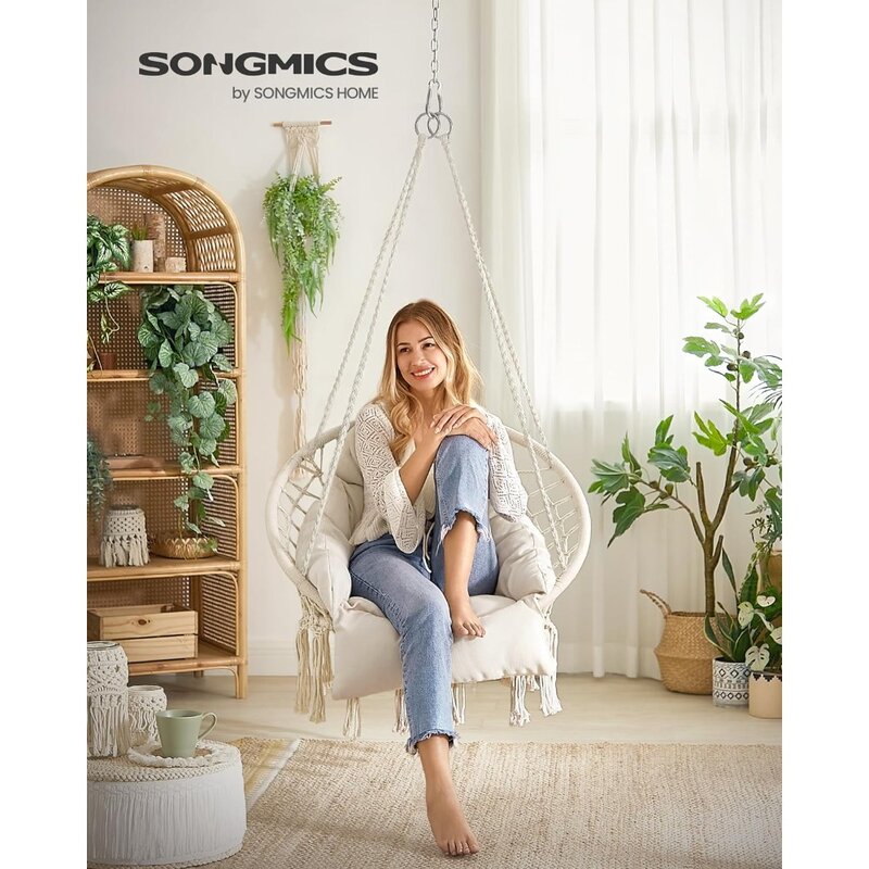 SONGMICS Hanging Chair, Hammock Chair with Large, Thick Cushion, Boho Swing Chair for Bedroom, Patio, Balcony, Garden, Holds up