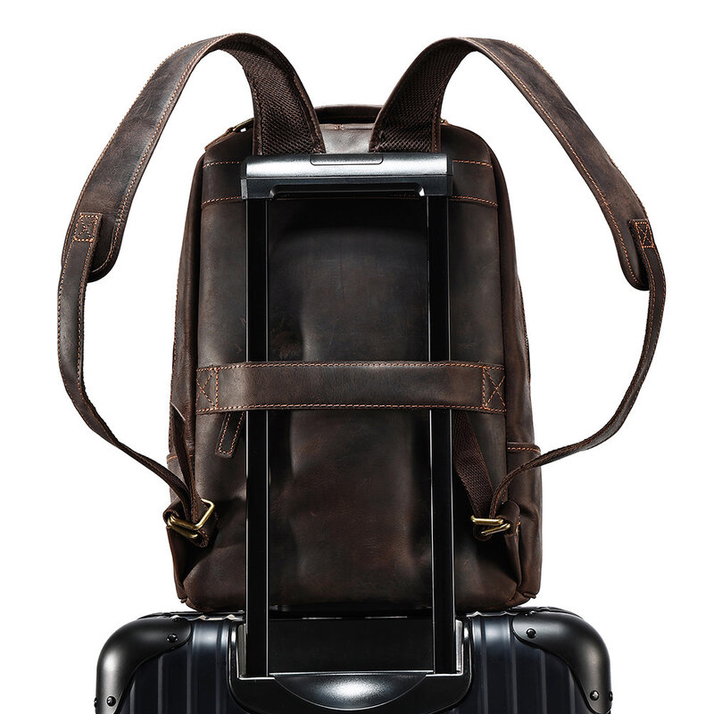 Mochila de couro vintage Crazy Horse para homem, mochila portátil, mochila escolar de couro, mochila casual, mochila de viagem 15,6"