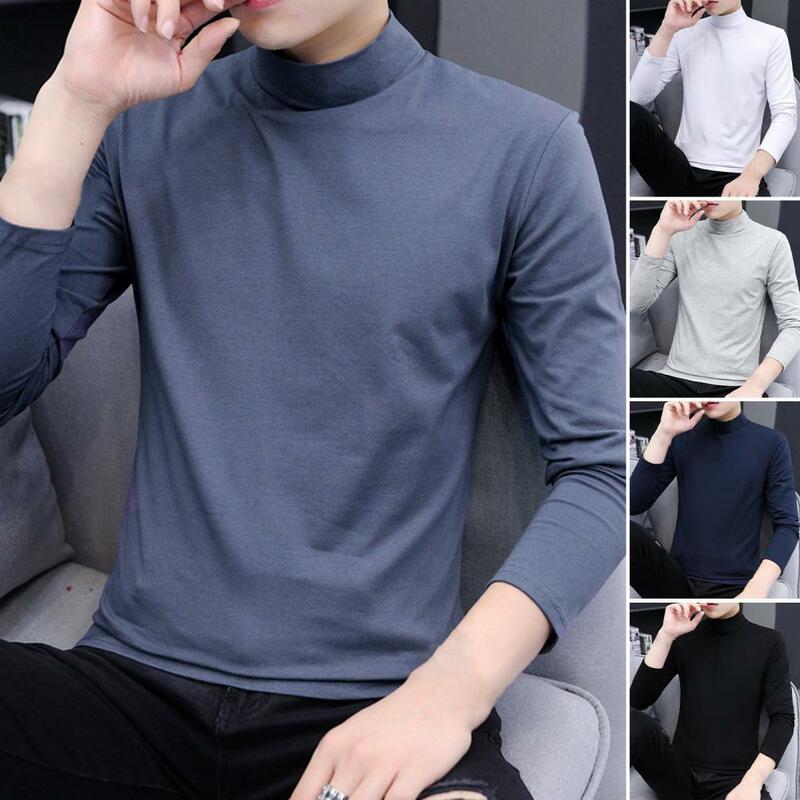 Базовая рубашка для мужчин, однотонный Облегающий мягкий пуловер с полувысоким воротником и длинными рукавами, базовый удобный облегающий топ на весну