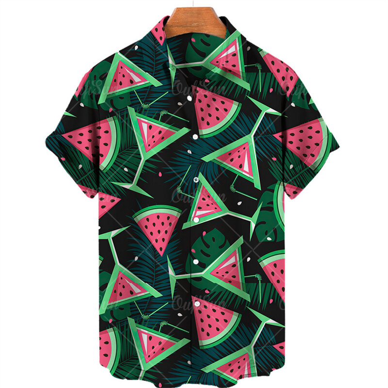 Camisa extragrande estampada com frutas tropicais, roupas de grife masculinas, camisa de viagem, praia havaiana, melancia harajuku, verão, 2024