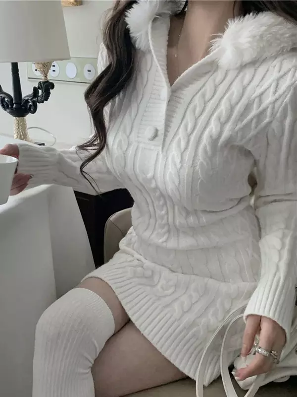 Mini vestido elegante monocromático de malha feminino, suéter quente, capuz fino, moda coreana, feminina, tricô, inverno, 2023