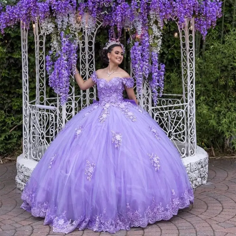 Vestidos De quinceañera con flores 3D De lavanda brillante, lazo grande con cuentas De encaje, princesa Cenicienta, talla grande, 15 años
