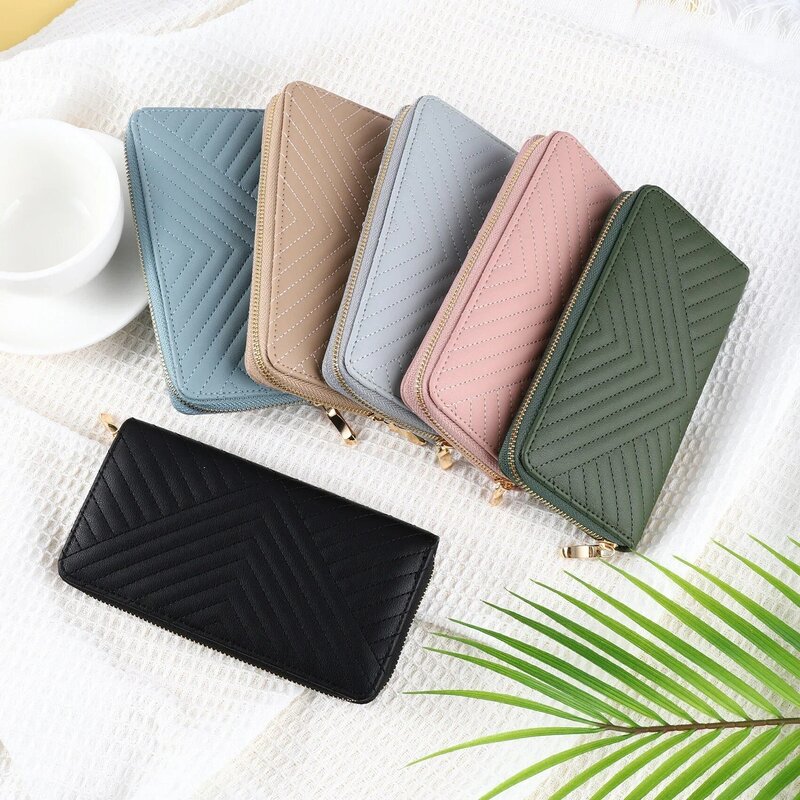 MK08  New fashion solid color PU wallet girls zipper print clutch bag temperament simple sewing line coin purse