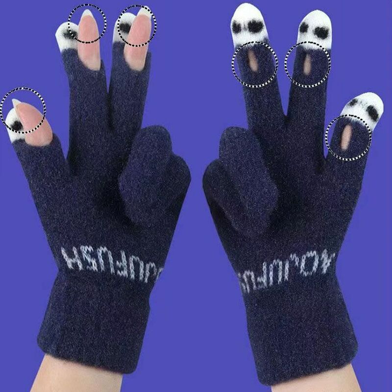 Windproof malha luvas de dedo completo, manter quente, prova fria, Stretch Touch Screen, Show Fingers, moda inverno