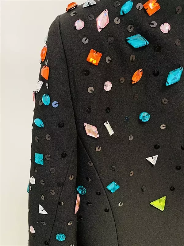 Женский офисный костюм, черная Роскошная куртка с кристаллами и брюки, комплект из двух предметов, Женская Весенняя офисная одежда для работы, пальто и платье для выпускного вечера
