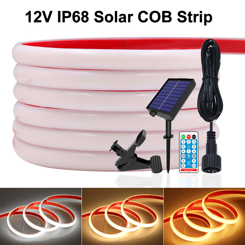IP68 Waterproof Solar COB Strip 12V 320Leds/M RA90 High Density Flexible Ribbon Tape Rope Light 3000K 4000K 6000K Silicon Tube