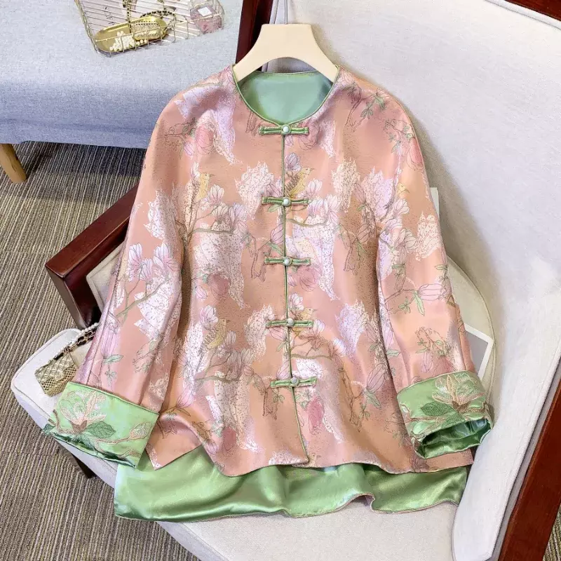 Terno Tang estilo chinês para mulheres, blusa retrô, juventude elegante, manga comprida, botão impresso, bordado, roupas, 2024