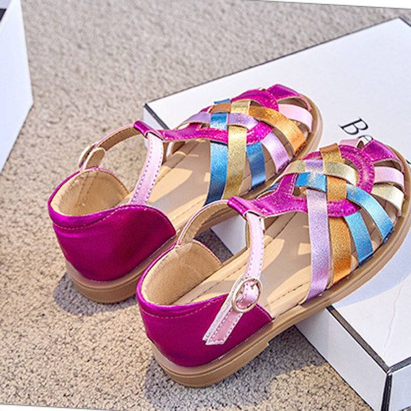 Girls Sandals Summer Kids Fashion Brand Princess Party Dress Rome Shoes Toddler Children Beach Flats Weave Colorful Soft Sole