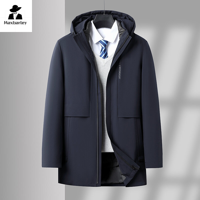 Новинка 2024, мужская зимняя куртка, роскошное пальто со съемной подкладкой из гусиного пуха и капюшоном, Мужская ветрозащитная теплая пуховая куртка средней длины
