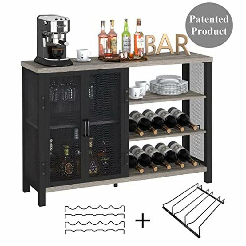 Home Bar Cabinet with Wine Rack and Adjustable Shelves Rustic Liquor Storage Buffet in Grey Oak Finish 47 Inch Industrial Coffee