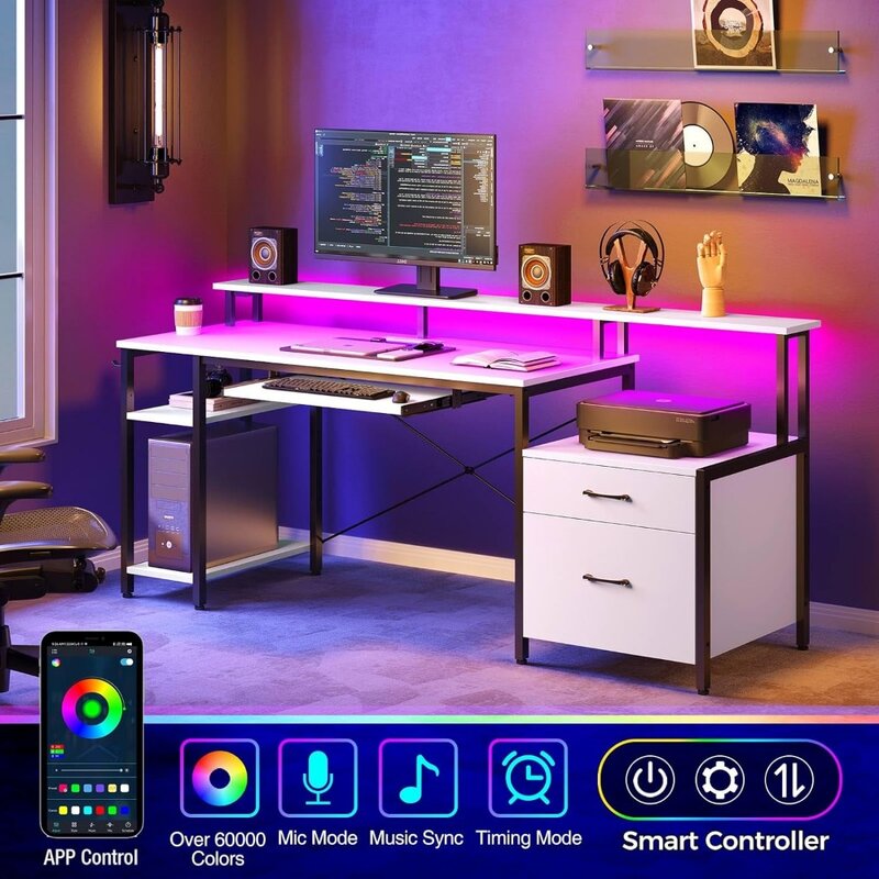 Rolanstar meja komputer 65 "dengan laci File, meja Gaming dengan lampu LED & outlet daya, meja kantor rumah dengan File