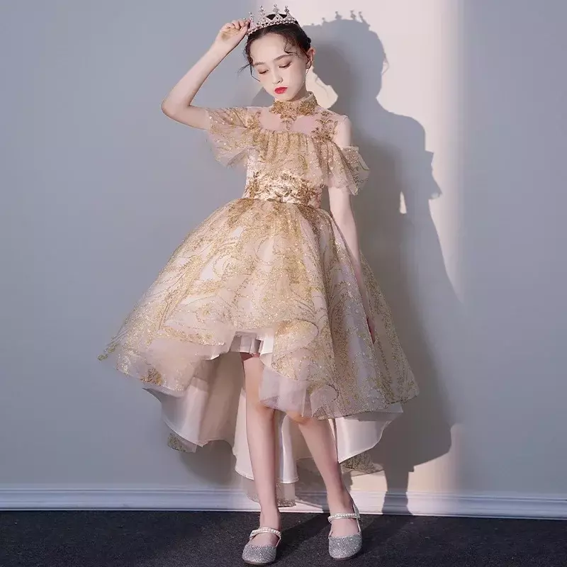 Детское платье для ведущей, весеннее платье для выступления пианино для девочек, подиумное платье принцессы для маленьких девочек с цветами, пышное газовое платье