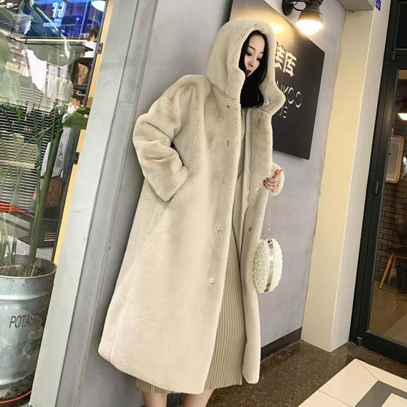 Hooded Overcoat for Women 2023 Winter Thick Warm Faux Mink Fur Long Coat Elegant Lady Single Breasted Furry Outerwears