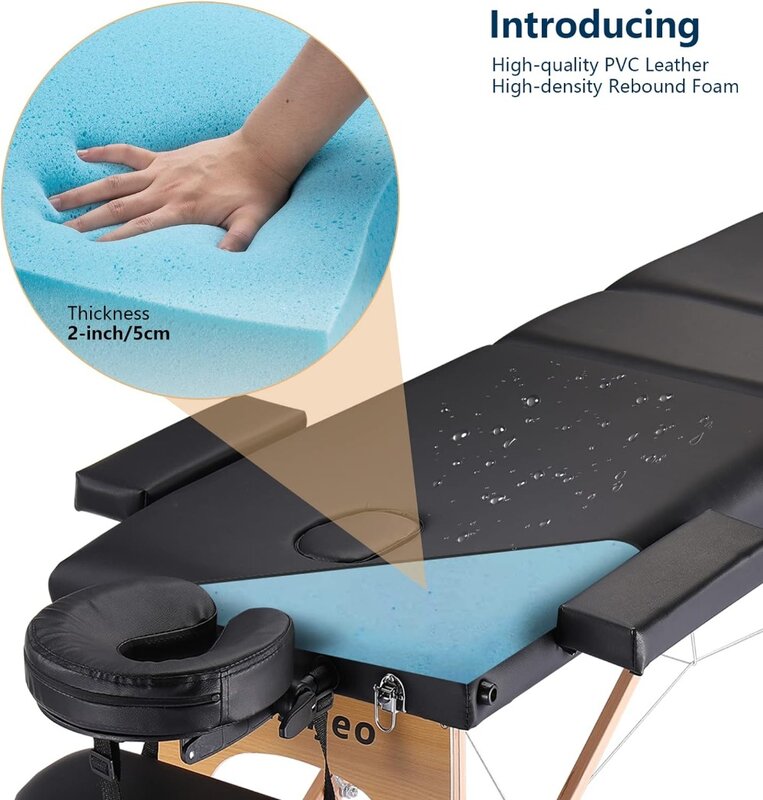 Portable Massage Table Massage Bed Professional SPA Reiki Eyelash Salon Bed, Wooden Frame Height Adjustment & Accessories