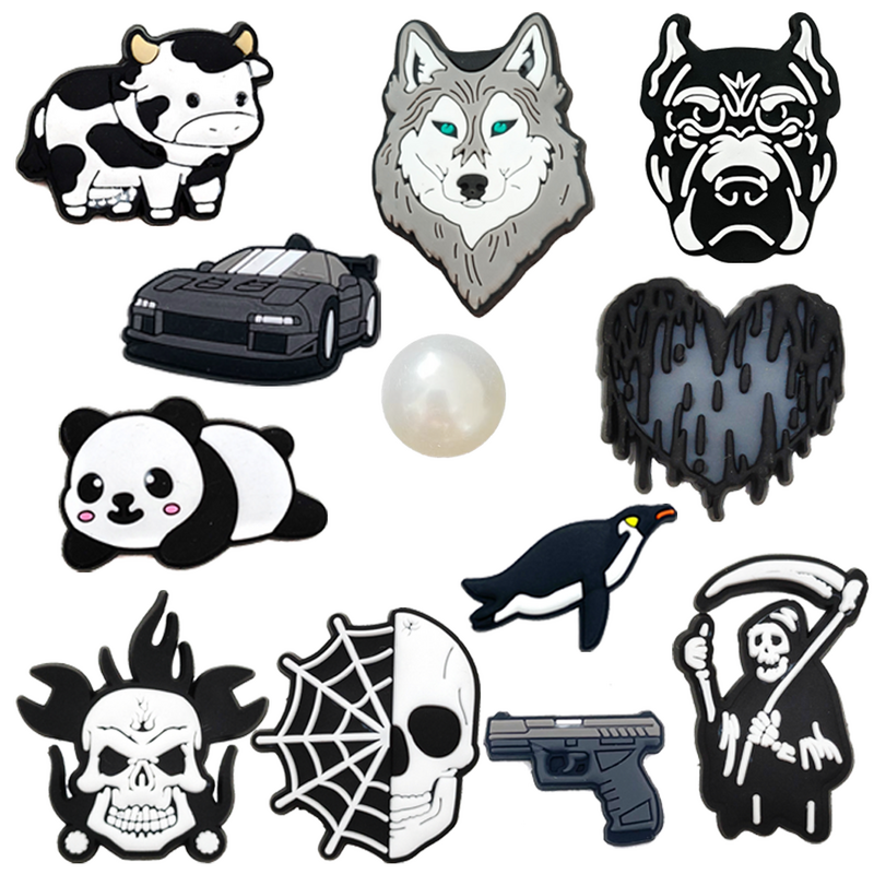 Dijes de lobo negro/coche/vaca para niños, accesorios de decoración de sandalias con hebilla, pulseras DIY, Jibz Croc, regalo de fiesta, 1 piezas
