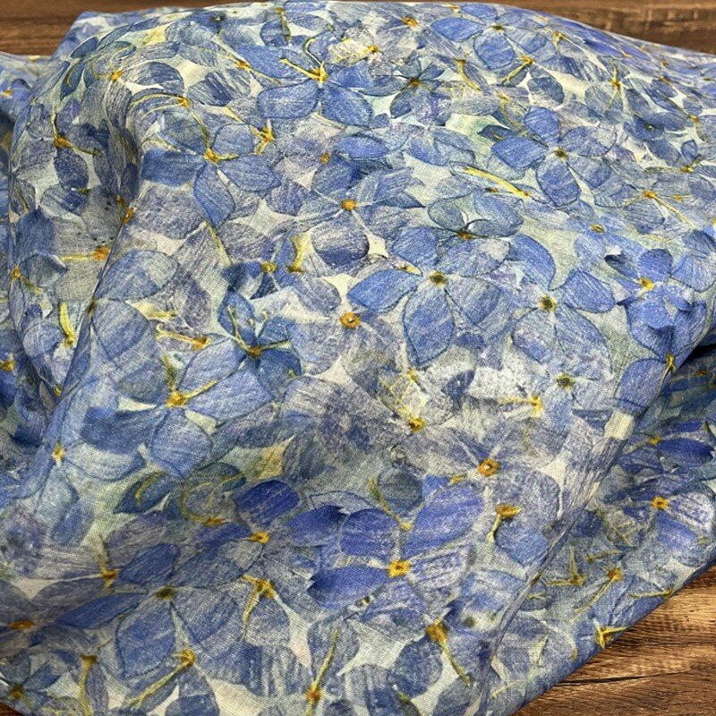 Gaun kain rami biru lembut Floral segar jubah pakaian wanita longgar Cheongsam