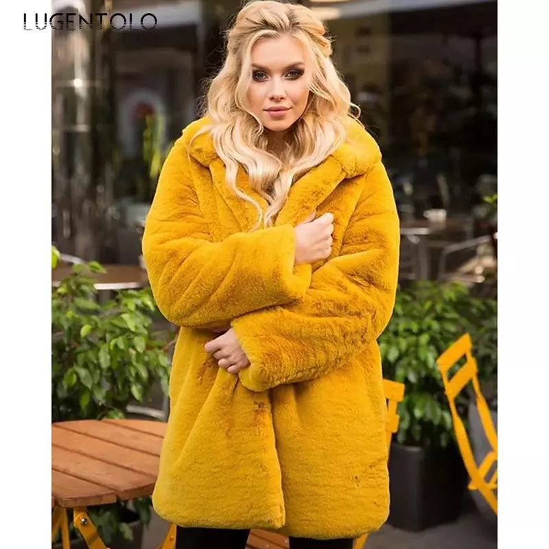 Lugentolo-Casaco quente de pele sintética para inverno feminino, jaqueta simples de conforto sólido, casaco solto casual senhora, novo pano de moda de rua, 2023