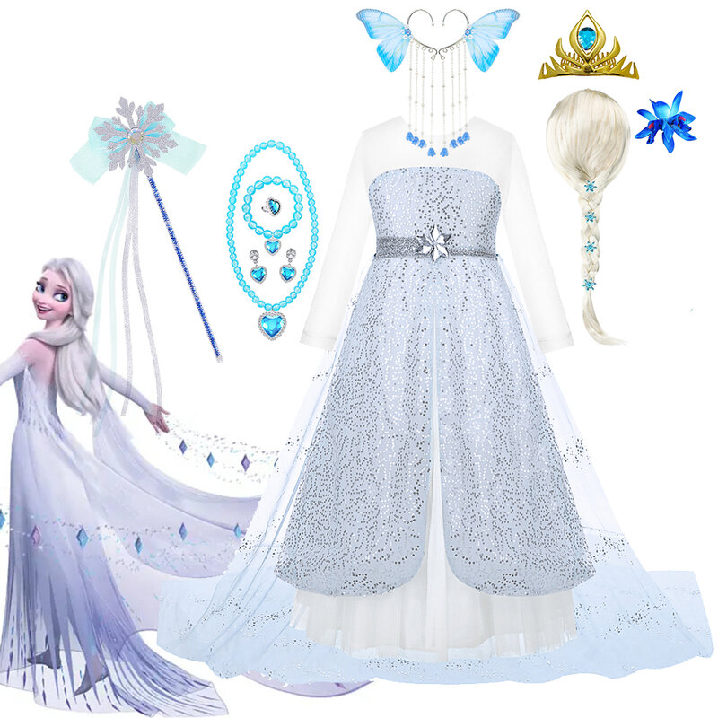 Elsa weißes Kleid für Mädchen Disney Prinzessin Cosplay Kostüm Langarm Pailletten Tüll Outfits mit Umhang Halloween Party kleidung