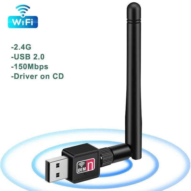 Adaptor USB WiFi 150Mbps Mini, kartu jaringan nirkabel 2.4G 802.11b/n/g/ac jaringan LAN kartu Wifi antena penerima sinyal untuk PC