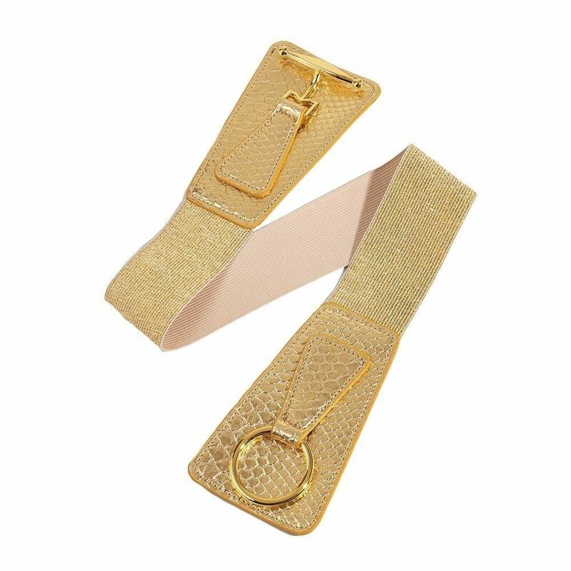 Cinturón lateral ancho elástico de Metal, cinturón con hebilla de color dorado y poliéster, decoración de vestido de moda, cuero PU
