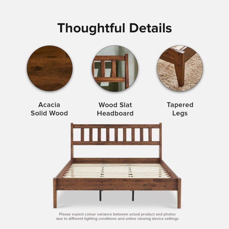 Mopio Ted-Marco de cama de matrimonio con cabecero, plataforma de madera maciza de Acacia moderna de mediados de siglo, listones de cama de madera, sin caja Spri