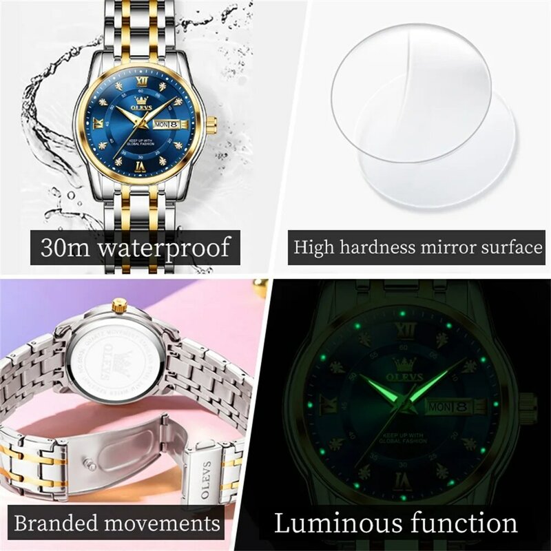 OLEVS 남녀공용 5513 커플 시계 쌍, 럭셔리 스테인레스 스틸, 방수 쿼츠 손목시계, 패션 연인 시계 세트