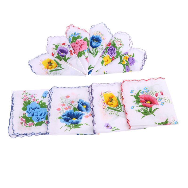 10Pc Vintage  Flower Handkerchief Square Hankies Hanky Women Kids Gift