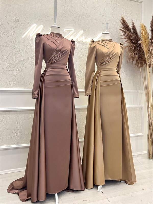 Long Sleeves High Neck Mermaid Champagne Muslim Evening Dresses with Detachable Skirt Formal Vestidos De Noche Prom Party Gowns