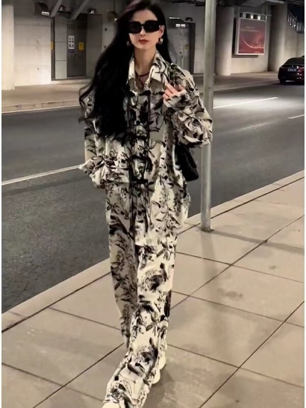 여성 하이웨이스트 팬츠 투피스 세트, 빈티지 수묵 프린트, 단추 셔츠, 중국 국풍 패션