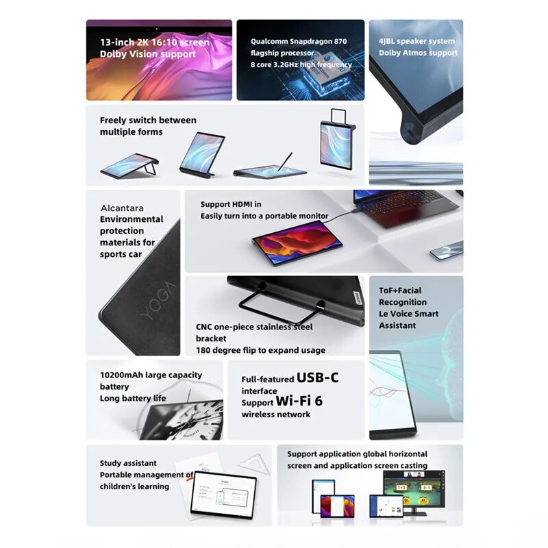Firmware global Lenovo YOGA Pad Pro, Tela 2K, Snapdragon 870, Alto-falantes JBL, Batería 10200mAh, Android 11, ROM Global Tablet