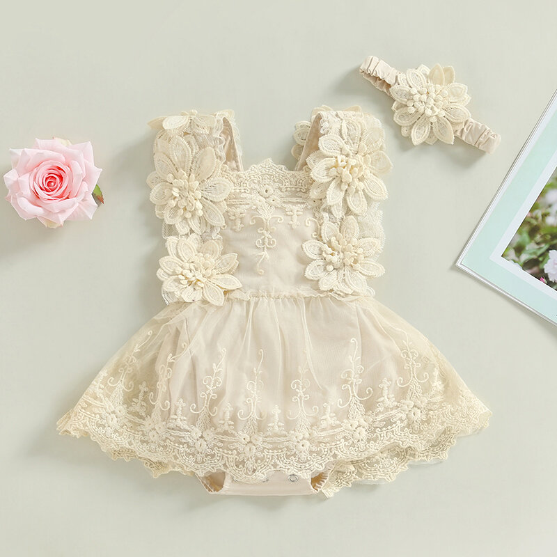 VISgogo Baby Girls Romper Dress Summer Sleeveless Square Neck Floral Lace Embroidery Party Princess Bodysuit Headband Outfit