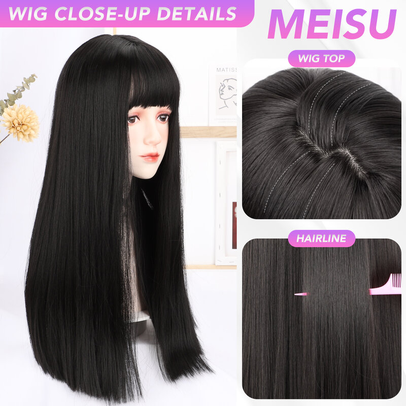 MEISU-peluca larga y recta negra para mujer, pelo con flequillo de aire, fibra sintética resistente al calor, dulce y Natural, fiesta o Selfie, 22 pulgadas