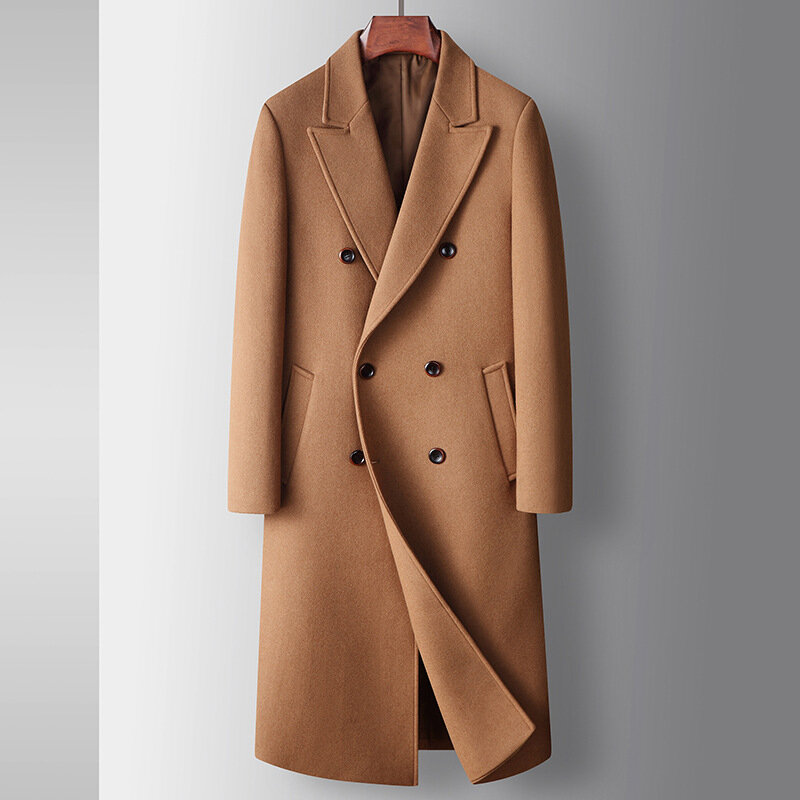 Nuovo cappotto di lana doppiopetto Casual intelligente autunno inverno giacca con colletto addensato di media lunghezza capispalla maschile caldo solido