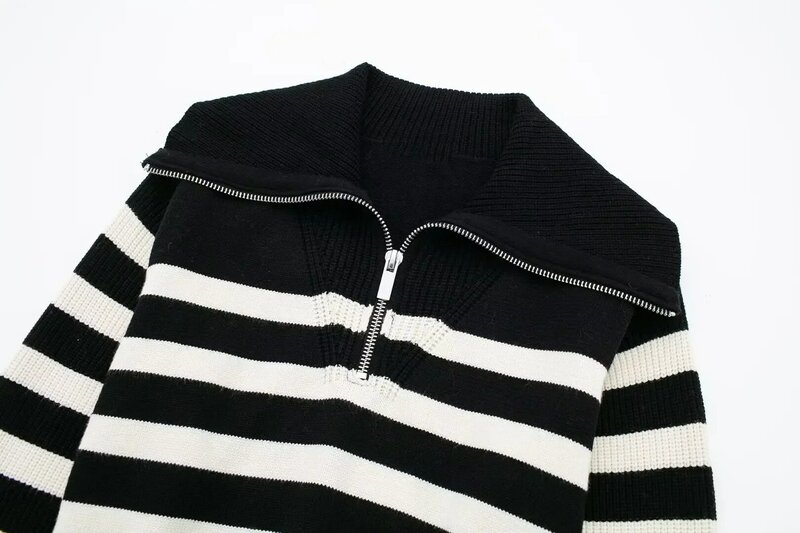 Women New Fashion Zipper decoration Cropped Striped Knitted Sweater Vintage Lapel Long Sleeve Female Pullovers Chic Tops