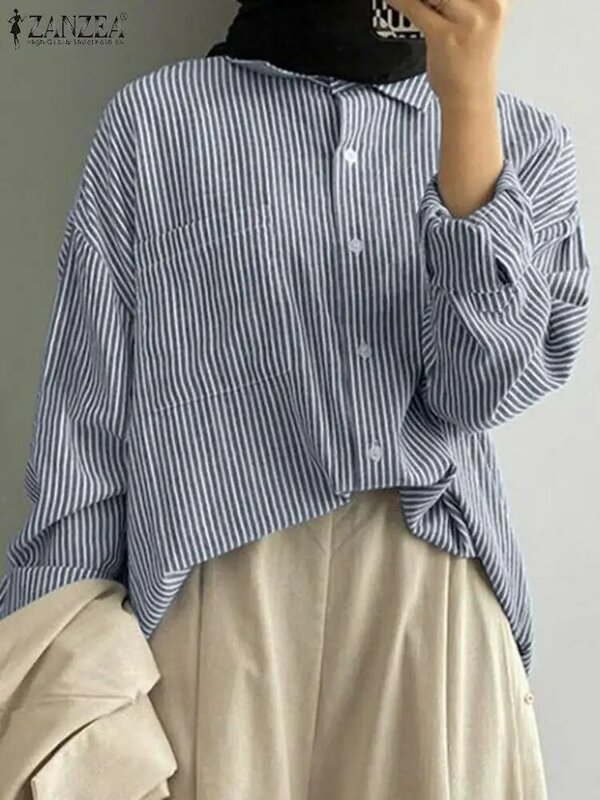 ZANZEA-blusa listrada de manga comprida para mulheres, camisa com gola lapela, botões vintage, tops muçulmanos, blusa elegante, Dubai e Turquia, outono
