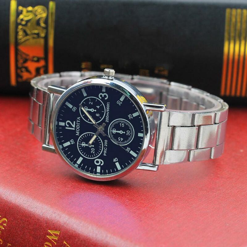 Blue Light Mirror Watch Stylish Men's Quartz Watch with Three Small Dials Alloy Strap High Accuracy Timekeeping for Business