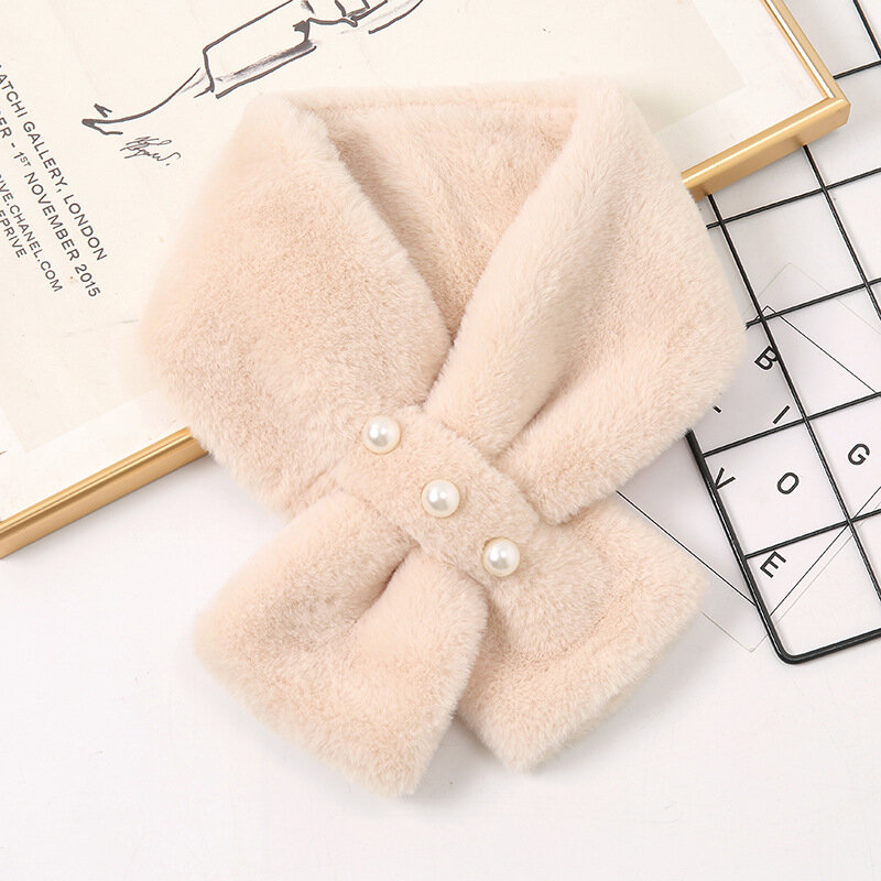 Korean Style Women Pearl Plush Cross Scarf Autumn Winter Thickened Warm Faux Fur Scarves Girls Students Soft Neck Ring Scarf New