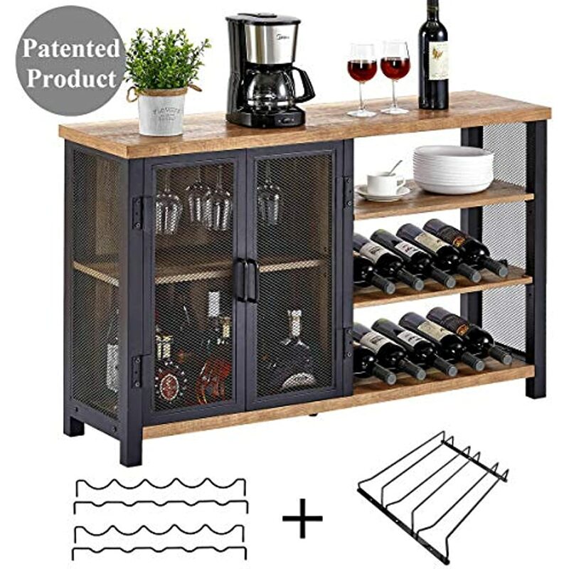 BON AUGURE Industrial Bar Cabinet with Removable Wine Rack, Multi-Function Rustic Wine Cabinet for Liquor and Glasses