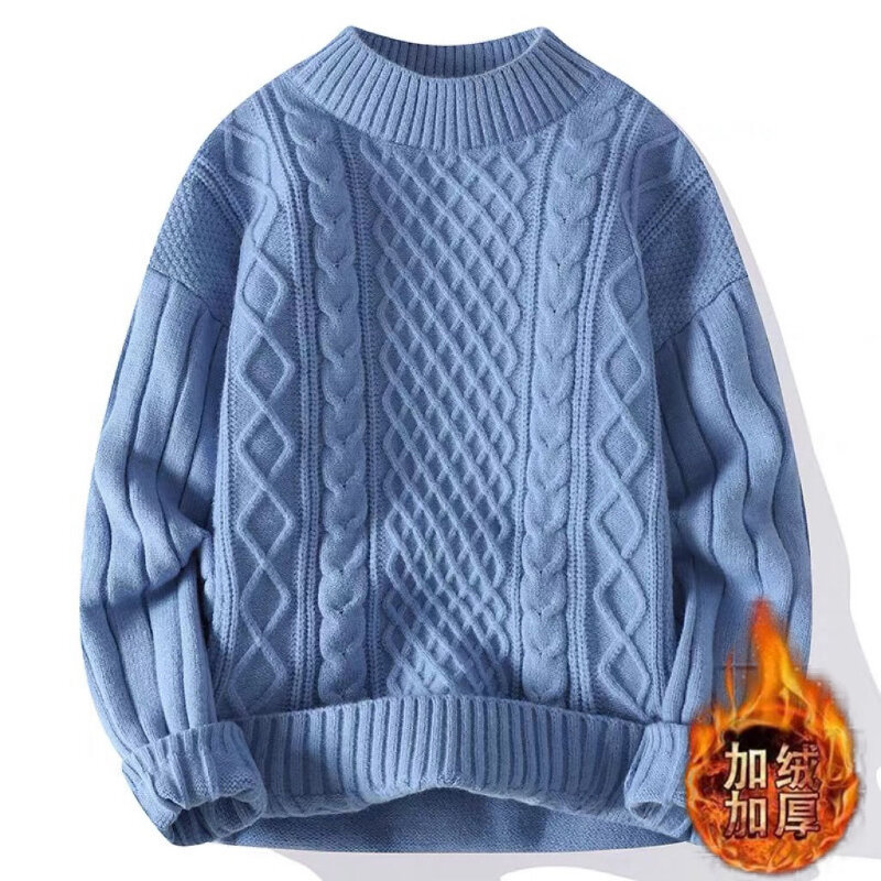 2023 Winter Plush Warm Sweaters Men's New Thicken Twist Tops Round Neck Base Shirts Youth Dynamism Knit Pullovers