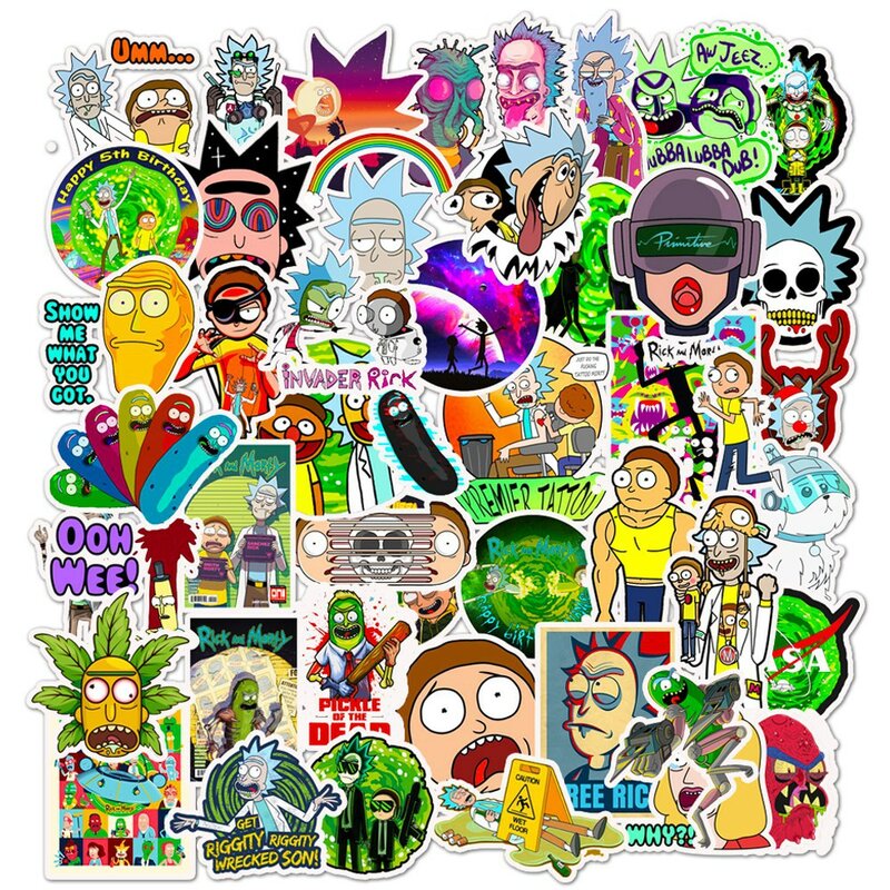 Pegatinas de dibujos animados de Rick y Morti para niños, pegatinas impermeables para monopatín, Maleta de viaje, teléfono, portátil, Maleta, juguetes bonitos para niños, 50 piezas