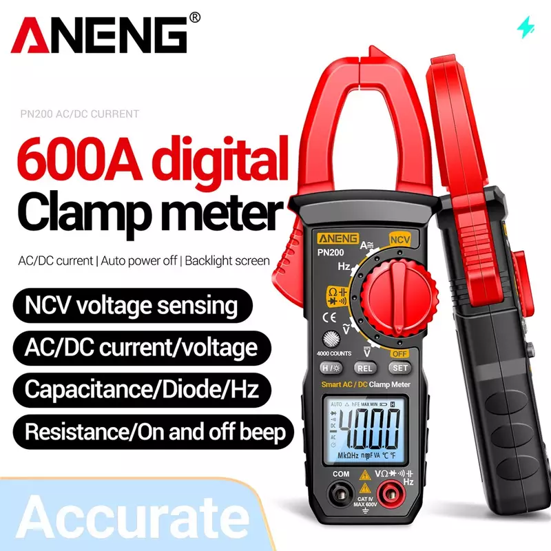 Aneng pn200-デジタルクランプDC/ac 600a,電流4000カウント,距離計,電圧計,自動車用hz,液ncv,オームテスト