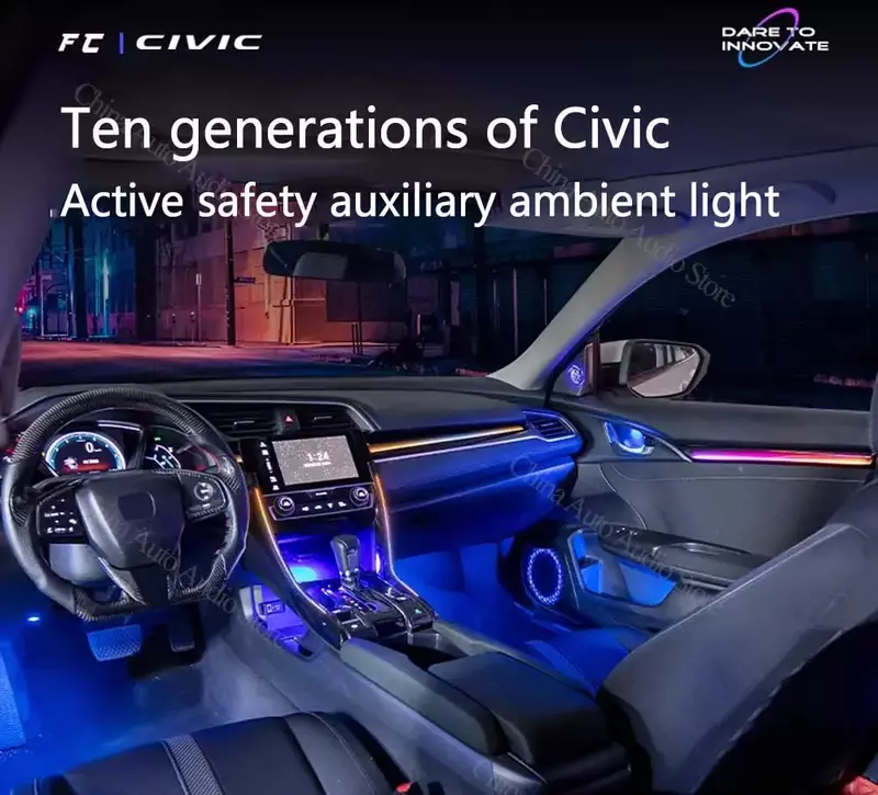Luz Ambiental 64 LED de colores para Honda Civic 10, 2016-2021, botón de lámpara de ambiente dinámico + Control por aplicación